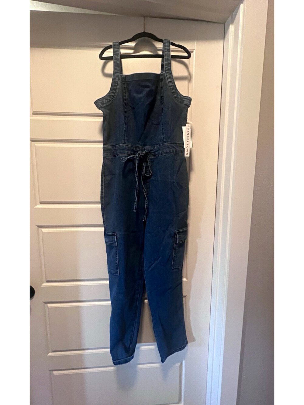 Tinseltown Blue Denim Sleeveless Square Neck Straight Leg Jumpsuit Pockets S